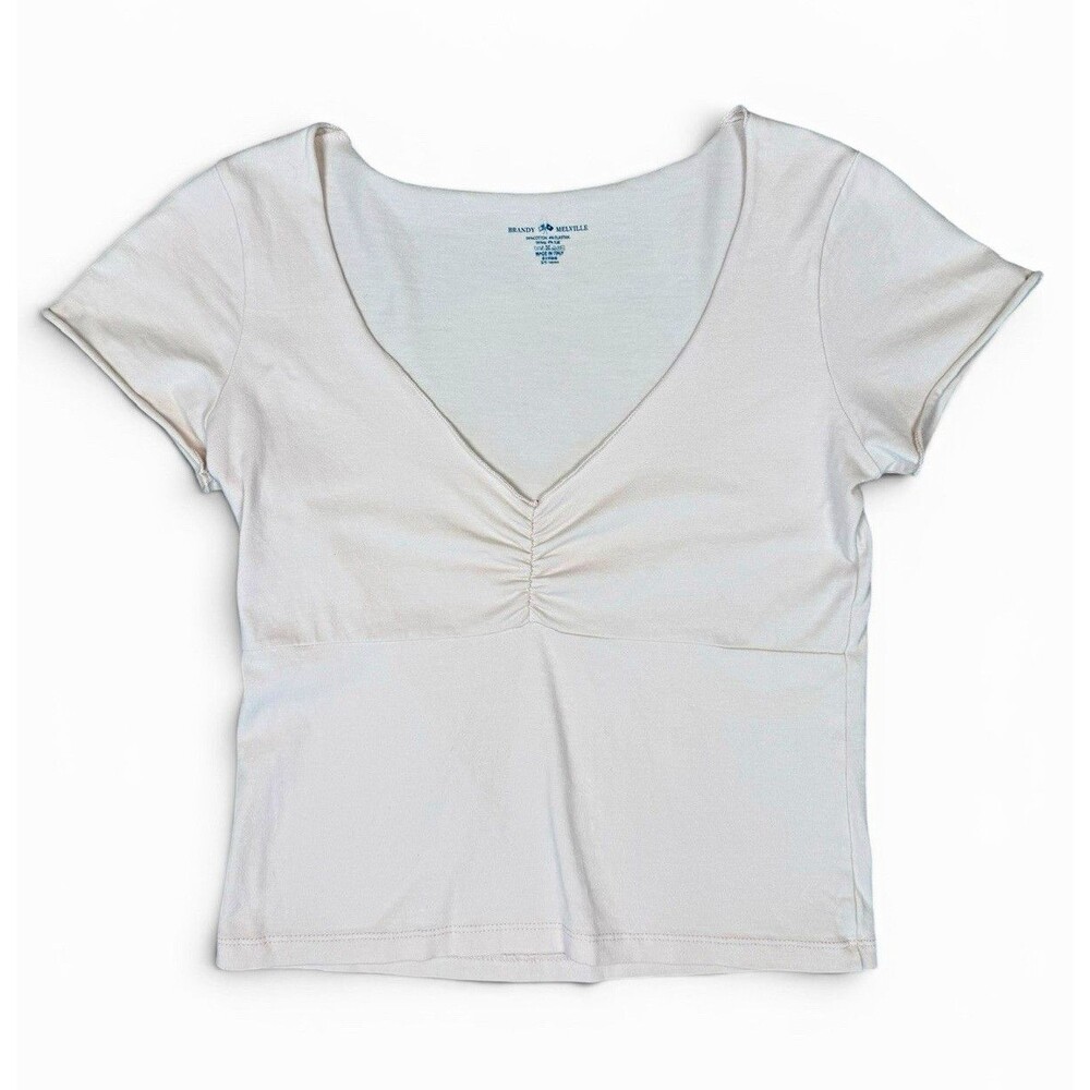 Brandy Melville Pale Pink Ruched V-Neck Short Sleeve T-Shirt One Size